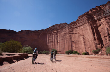 Group of bikers in Talampaya national Park in Argentine.
