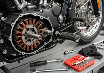 Obraz premium Motorcycle engine repair with tools and parts