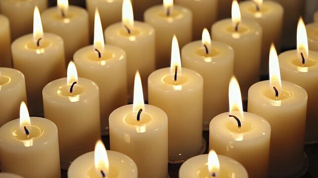 A serene and meditative scene featuring a multitude of white pillar candles, all gently burning with soft, flickering flames. The warm, golden glow casts a peaceful ambiance, creating a tranquil and r