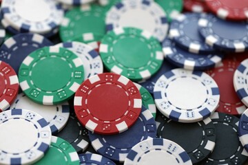 Poker Table With Poker Chips Turns In Casino. Many Poker Chips Spins on the Table