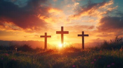 Three wooden crosses on a hill at sunset; suitable for themes of spirituality, remembrance, loss, religious traditions, and reflections on life.