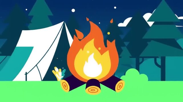 Illustration of a campfire with a tent and trees in the background at night.