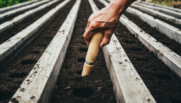 Elderly hands use a wooden dibbler to form neat holes in rich soil under soft morning light, capturing the meditative rhythm of planting.