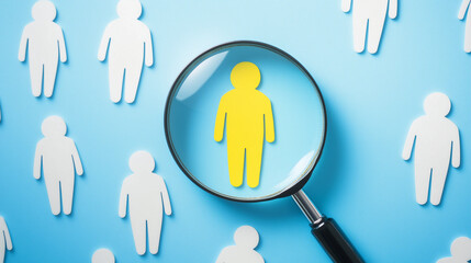 Fototapeta premium Magnifying glass highlighting yellow human figure among white people on blue background as concept of recruitment or individuality