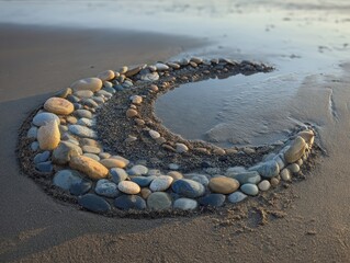 Coastal Beach Art Stone Arrangement Tide Pool Horizon Calm Ocean Environment Pebble Crescent Shape Outdoor Land Art
