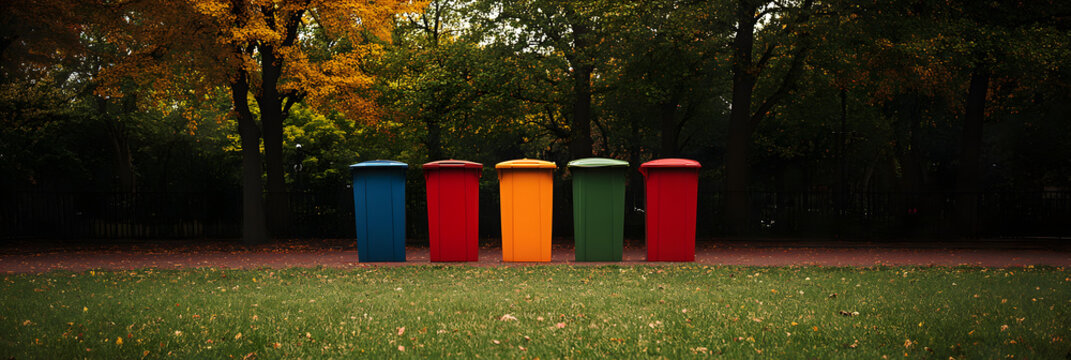 Color Coded Recycling Bins in Park during Autumn