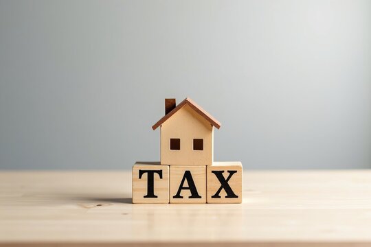 Property tax and real estate finance concept with a wooden house model on blocks spelling TAX on a table with copy space.