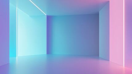 Futuristic neon room with glowing pink and blue lights for abstract background or modern design template