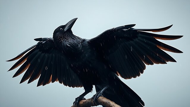 hubris. A rain-soaked crow shaking its wings on a branch with water droplets flying. wildlife magazines, conservation campaigns, designed for wildlife conservation campaigns, celebrates biodiversity.
