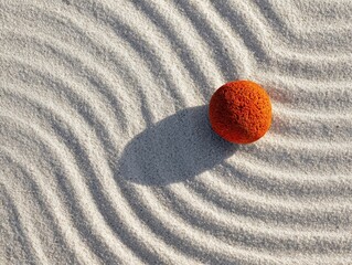 Vibrant Orange Stone Amidst Serene Wavy Sand Texture Minimalist Zen Garden Inspired Composition Tranquil Nature Scene with Contrasting Elements for Calmness and Focus