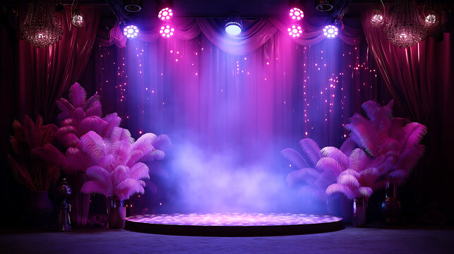 Luxury retro burlesque stage with neon lights and palm feathers in art deco style