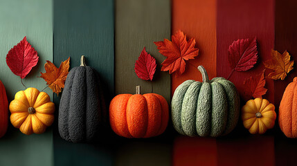 Thanksgiving table with golden roasted turkey, orange pumpkin pie, crimson apples, and fall leaves on rustic wooden surface, celebrating harvest season with family and gratitude