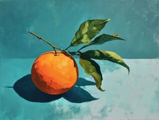 Vibrant Still Life Painting Orange on Stem with Green Leaves on Teal Background Long Shadow Citrus Fruit Art Piece.
