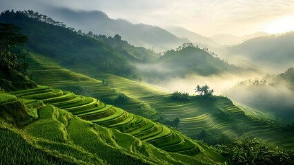 Fototapeta premium Misty morning sunlight illuminating vibrant green rice terraces cascading down steep hills in a mountainous tropical landscape.