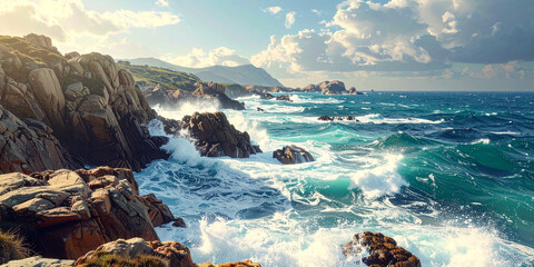 Rugged Mediterranean coastline with crashing waves against rocky shores under a blue sky with dramatic clouds