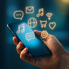 Hand Holding Smartphone with Floating Social Media Icons