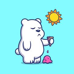 Cute Polar Bear Holding Ice Cream Melted With Sun In Summer Cartoon