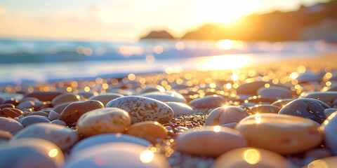 Close-up of smooth, wet pebbles on a tranquil beach with a golden sunset reflecting on the calm ocean waves