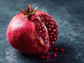 Ripe Pomegranate Halved with Exposed Red Arils on Dark Textured Surface Scattered Seeds and Vibrant Fruit on Stone Background
