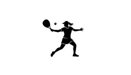 Dynamic silhouette of a female tennis player engaged in an intense rally, capturing the powerful motion of a swing and ball contact. Ideal for sports branding or athletic event promotion