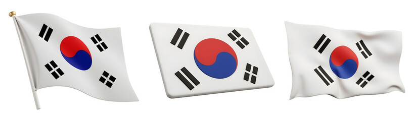 South Korea flag waving in three different angles realistic 3D render on transparent background