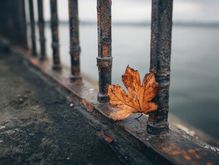 Autumn Leaf Rustic Metal Fence Water Background Close Up Outdoor Detail Nature Weathered Texture Season Change