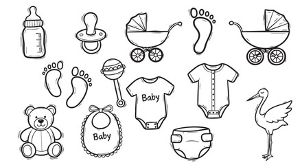 Baby items sketched in black outline style on white background