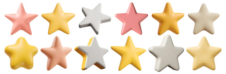 Collection of colorful glossy stars in pastel pink yellow white and gold 3D render isolated transparent png
