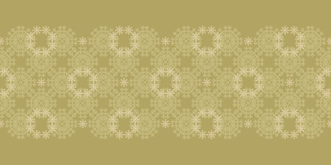 Delicate Christmas seamless vector Border with gold and yellow snowflakes. Geometric seasonal texture for wrapping paper, greeting cards, invitations, gift boxes and web background.