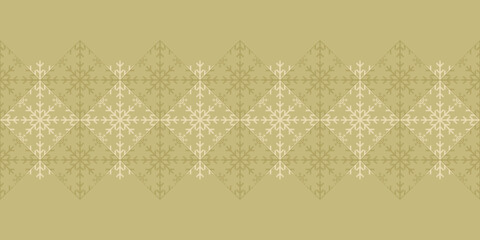 Abstract Christmas snowflake texture Border on gold orange background. Elegant seamless vector pattern for wrapping paper, textile and paper prints, greeting cards and gift boxes.