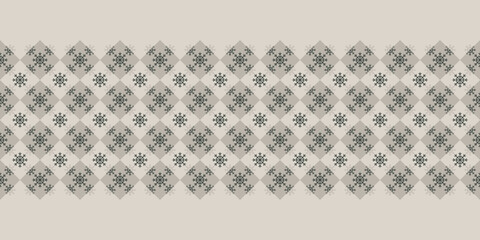 Regular Christmas snowflake texture Border on geometric rhombus background. Elegant seamless vector pattern for wrapping paper, textile and paper prints, greeting cards and gift boxes.