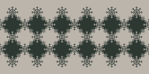 2 tone Christmas snowflake texture Border on geometric rhombus background. Elegant seamless vector pattern for wrapping paper, textile and paper prints, greeting cards and gift boxes.