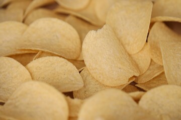 Homemade Flavored Paprika Potato Chips in a Bowl, top view. Flat lay