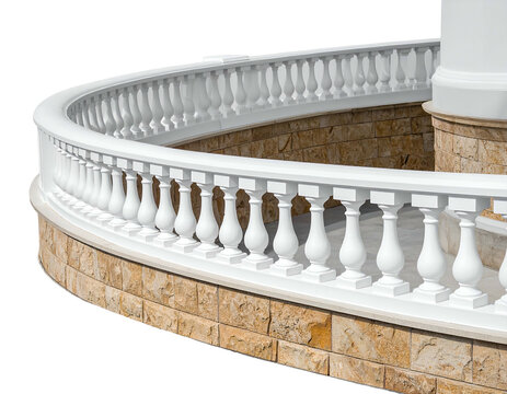 Curved white balustrade on stone wall, architectural detail