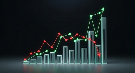 3D financial bar chart with glowing green upward arrow and red downward arrow showing market trends.