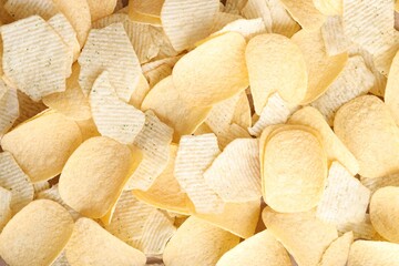 Homemade Flavored Paprika Potato Chips in a Bowl, top view. Flat lay
