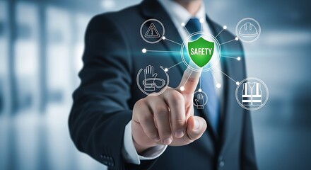 Businessman's hand pointing at a virtual screen with a green safety shield and work protection icons.