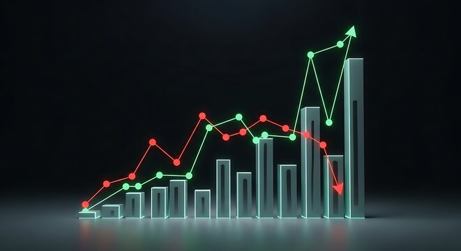 3D financial bar chart with glowing green upward arrow and red downward arrow showing market trends.