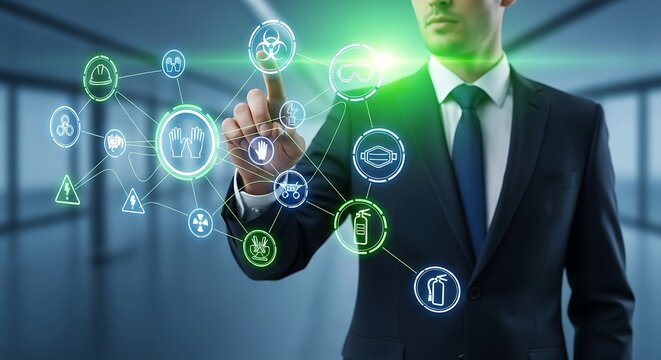 Businessman managing workplace health and safety with a futuristic virtual interface showing HSE icons.