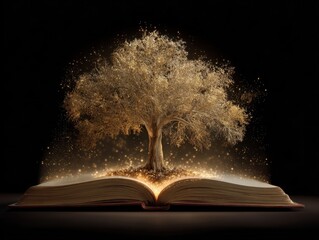 Radiant Golden Tree with Luminous Leaves Standing on Illuminated Pages of an Open Book, Brilliant Glow Emanating into Dark Background