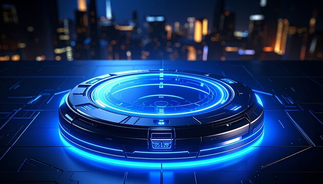 Dynamic circular holographic interface radiating blue light in a futuristic urban environment, symbolizing advanced digital connectivity and innovation