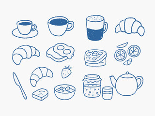 Cute hand-drawn breakfast doodle set featuring coffee, eggs, toast, fruits, juice, strawberry, tea, milk, and croissant in minimal sketch and crayon style for cafe menu, kitchen, and food design.