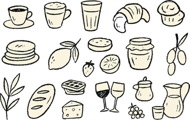 Cute hand-drawn breakfast and lunch table doodle set featuring coffee, bread, fruits, dishes, drinks, and kitchen elements in minimal sketch style for food design.
