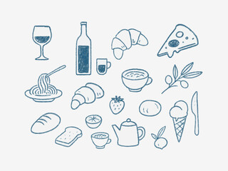 Cute hand-drawn breakfast doodle set featuring coffee, eggs, bread, fruits, juice, pizza, Spaghetti, noodles and kitchen items in minimal sketch and crayon style for cafe, menu, and food design.