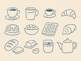 Cute hand-drawn breakfast table doodle set with coffee, eggs, bread, fruits, juice, waffle, butter, pancake  and kitchen items in minimal sketch and crayon style for cafe, menu, and food design.