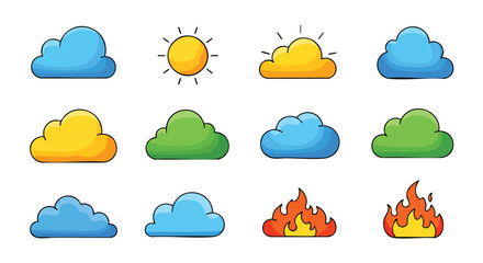 Cartoon cloud with blue shades and black outline on white background