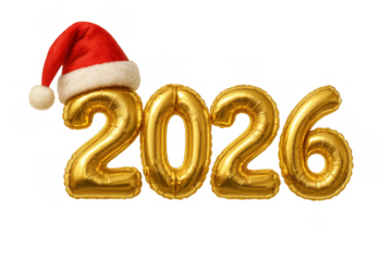 Golden number 2026 balloon wearing santa hat, celebrating new year and christmas holidays, transparent background