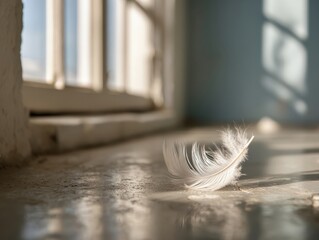 Warm Sunlight Delicate White Feather Rustic Concrete Floor Window Backdrop Peaceful Interior Scene Purity Lightness Concept