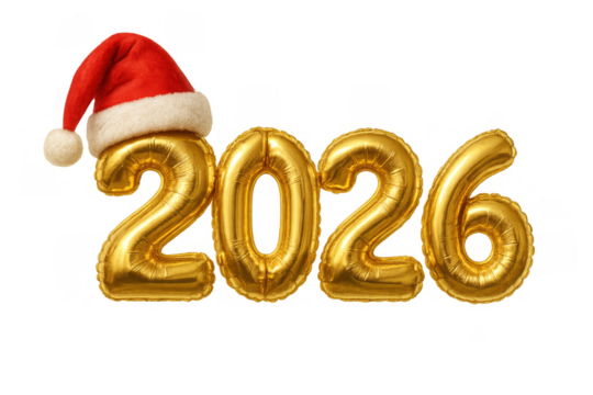 Golden number 2026 balloon wearing santa hat, celebrating new year and christmas holidays, transparent background
