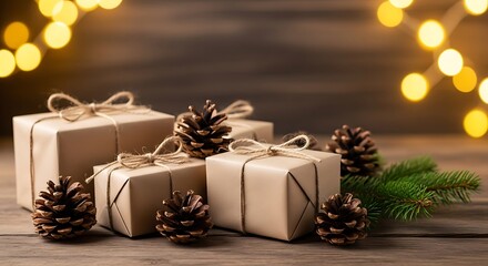 Photo of festive christmas gifts wrapped in brown paper and tied with twine, adorned with pine cones and a sprig of evergreen, set against a rustic wooden background with bokeh lights